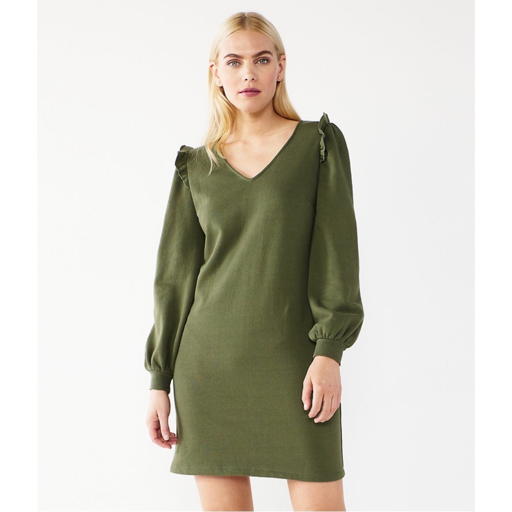 NWT Nine West Ruffled Sweatshirt Dress Green Size S